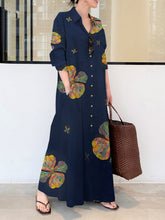 Printed lapel long-sleeved pocket simple loose literary leisure long shirt dress summer maxi dresses for women